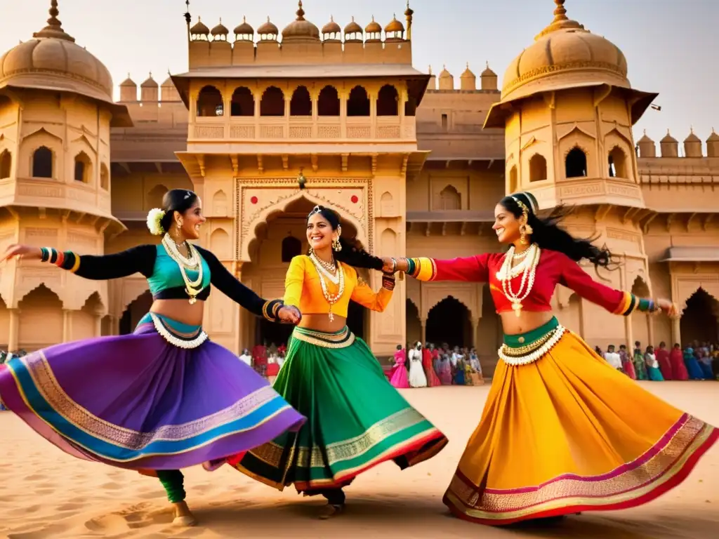 Grupo de bailarines Rajasthani en vibrante festival de danza Jaisalmer desierto, danzando frente al majestuoso Fuerte Jaisalmer al atardecer