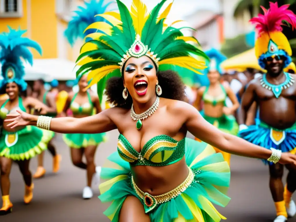 Grupo de bailarines en vibrante festival de samba en Brasil