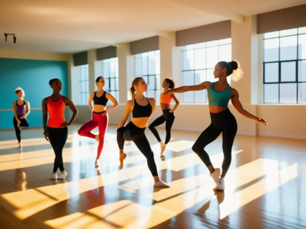 Grupo de bailarines en vibrante activewear realizando rutinas de calentamiento dinámico para bailar en un estudio bañado por la luz natural