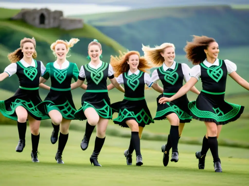 Grupo de bailarines ejecutando un vibrante salto en trajes tradicionales, en un escenario con motivos celtas y paisajes de Irlanda