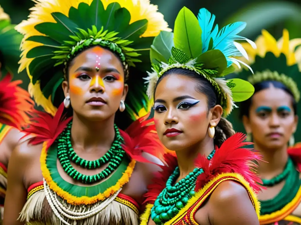 Grupo de bailarines con vibrante vestimenta de danza en Islas Marquesas, capturando la energía y espíritu de la tradición