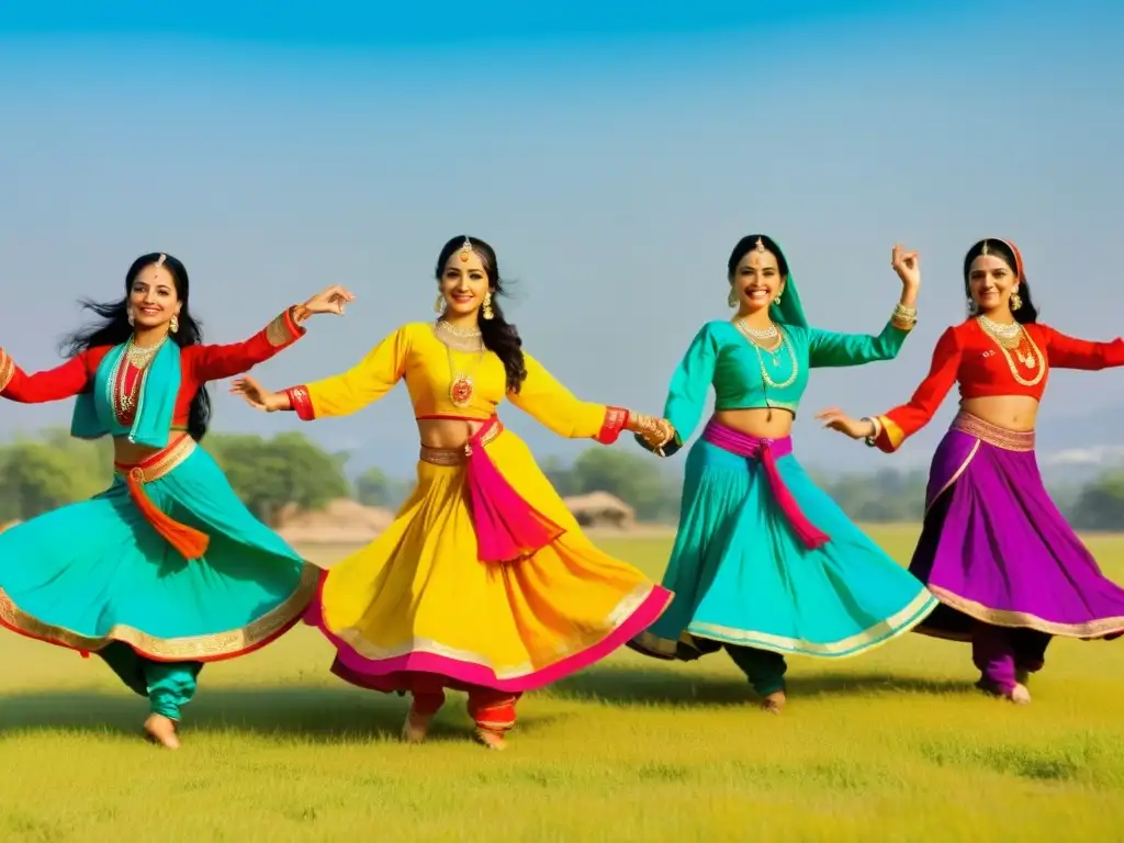 Un grupo de bailarines vibrantes, ataviados con trajes tradicionales punjabi, realizan enérgicamente la danza bhangra en un campo soleado