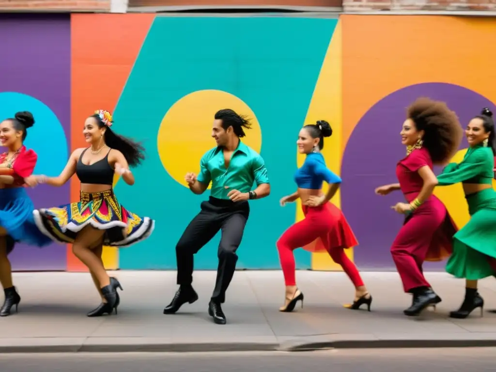 Grupo de bailarines vibrantes y diversos realizando cumbia para el siglo XXI, con trajes coloridos y coreografías dinámicas en medio de arte urbano