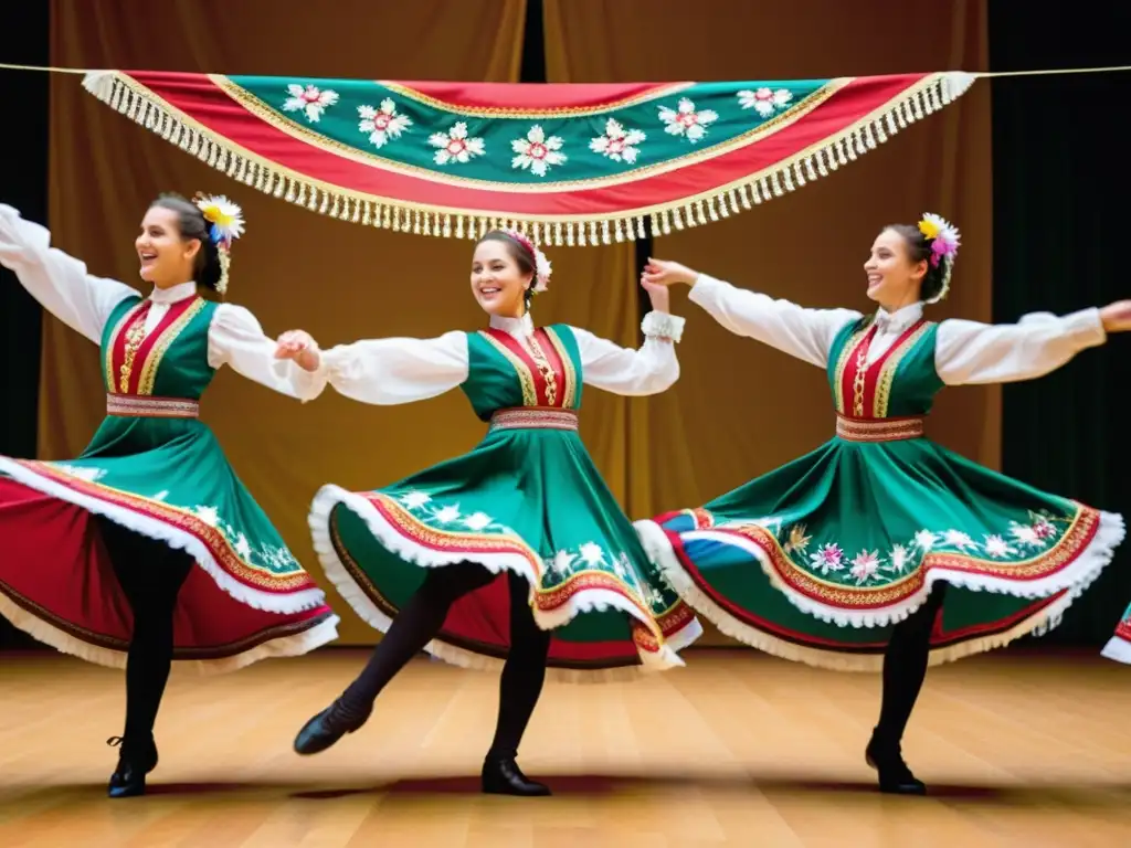 Grupo de bailarines vibrantes realiza danza folklórica húngara en el Festival de Danza de Szeged, con trajes coloridos y movimientos precisos