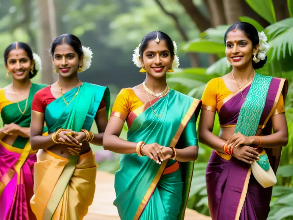 Grupo de bailarines de Sri Lanka con saris vibrantes, danzas tradicionales y joyas