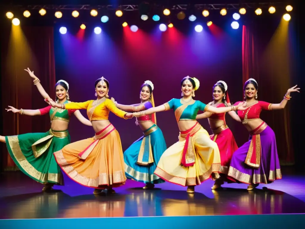 Un grupo de bailarines vibrantes y elegantes ejecuta una rutina de baile de Bollywood en un escenario colorido