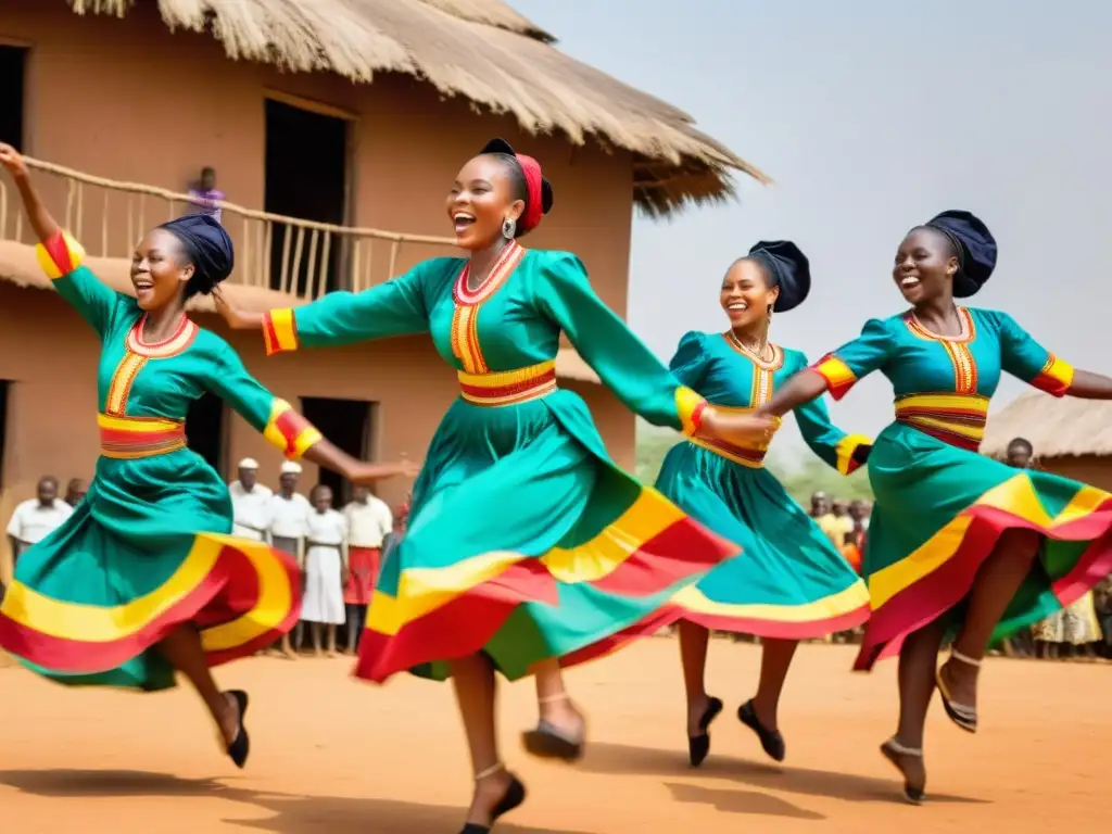 Grupo de bailarines vibrantes y enérgicos realizando la danza Atilogwu en un bullicioso pueblo de Nigeria