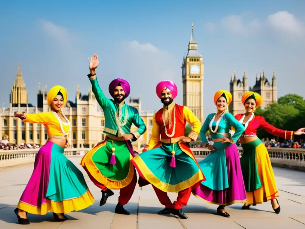 Grupo de bailarines Bhangra vibrantes y enérgicos danzando frente a icónicos paisajes del Reino Unido, exudando alegría y celebración cultural