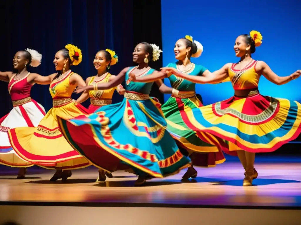 Grupo de bailarines vibrantes y diversos danzando en un escenario iluminado, sus trajes coloridos giran con gracia