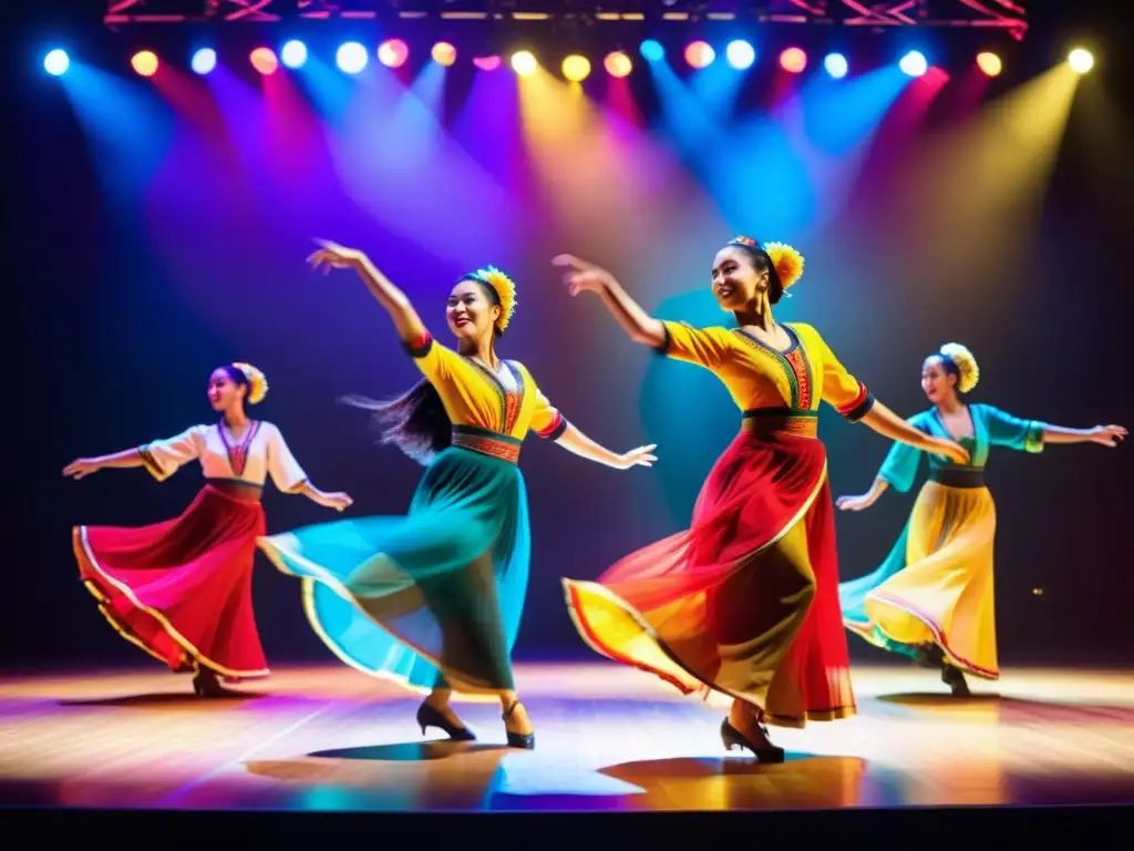 Un grupo de bailarines vibrantes y expresivos realizan una rutina cautivadora en un escenario iluminado con luces coloridas