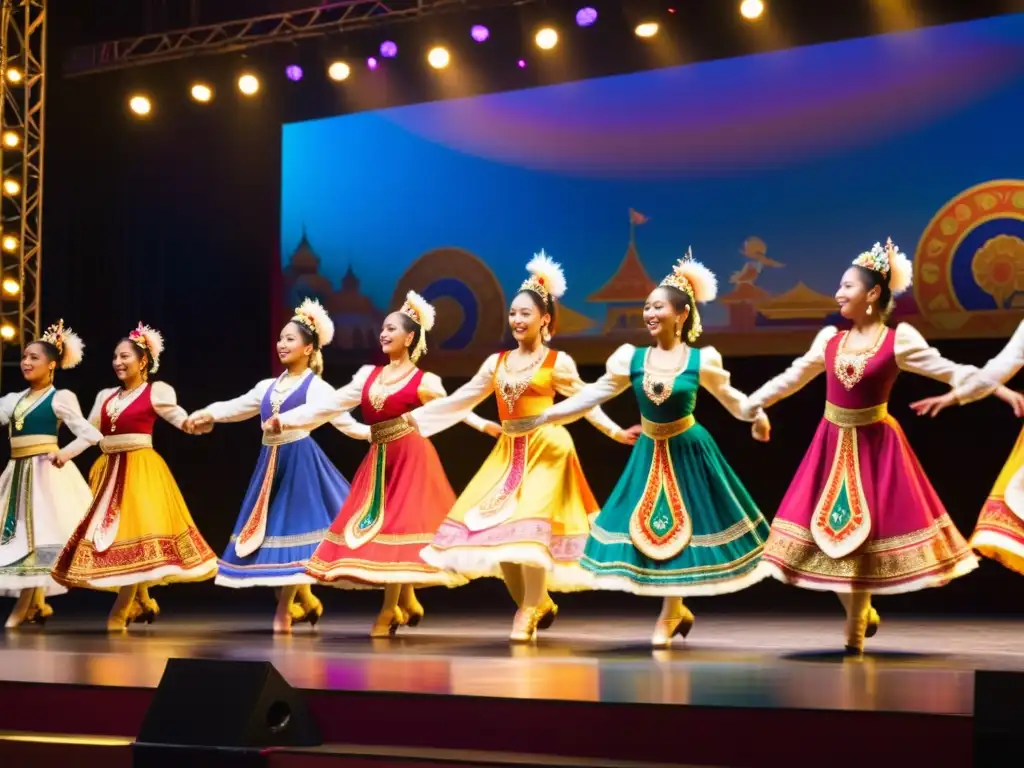 Un grupo de bailarines vibrantes y talentosos realiza una danza tradicional en un escenario adornado con coloridas decoraciones