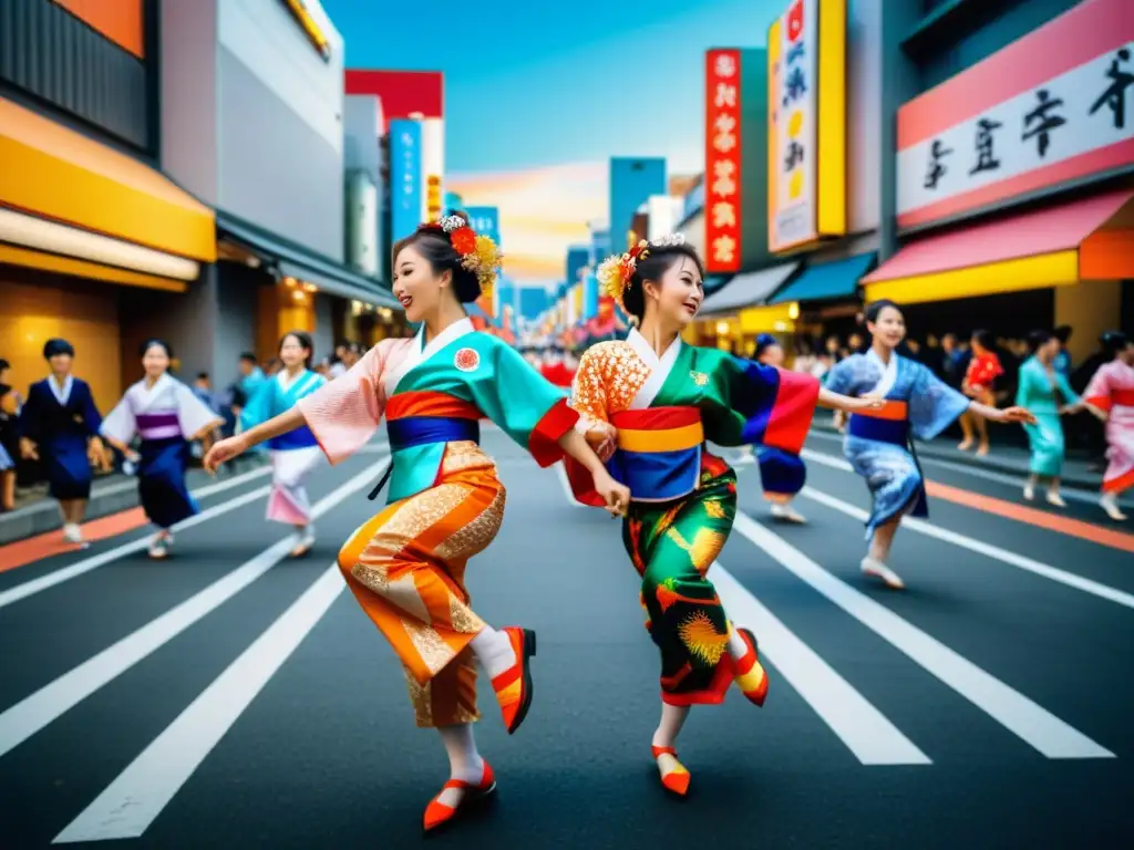 Un grupo de bailarines vibrantes y enérgicos ejecutan el tradicional baile Yosakoi en las calles modernas de Japón