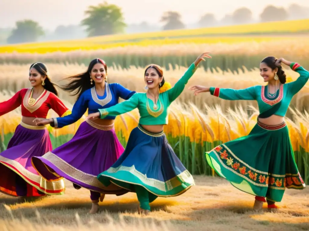 Grupo de bailarines vibrantes realizando la tradicional Bhangra danza en campos dorados de Punjab, exudando energía y celebración