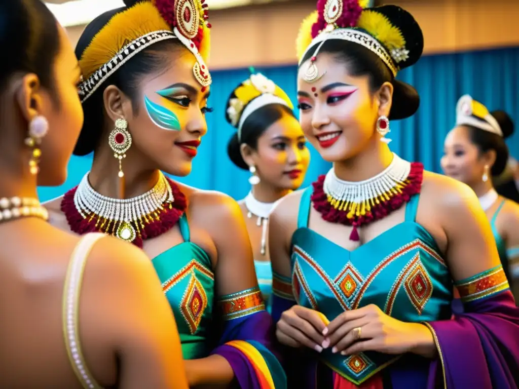 Grupo de bailarines en vibrantes trajes preparándose backstage en un festival de danza