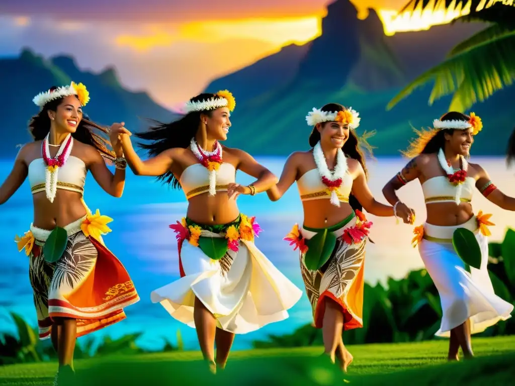 Grupo de bailarines vibrantes en trajes polinesios tradicionales, danzando al atardecer en el Festival de Danzas Polinesias Heiva I Tahiti