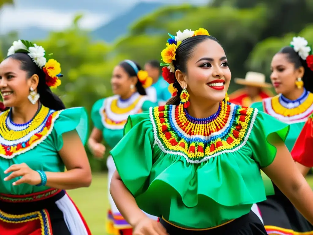 Grupo de bailarines en vibrantes trajes en el Carnaval Bahidorá, danzando con orgullo y alegría en medio de exuberante naturaleza y flores