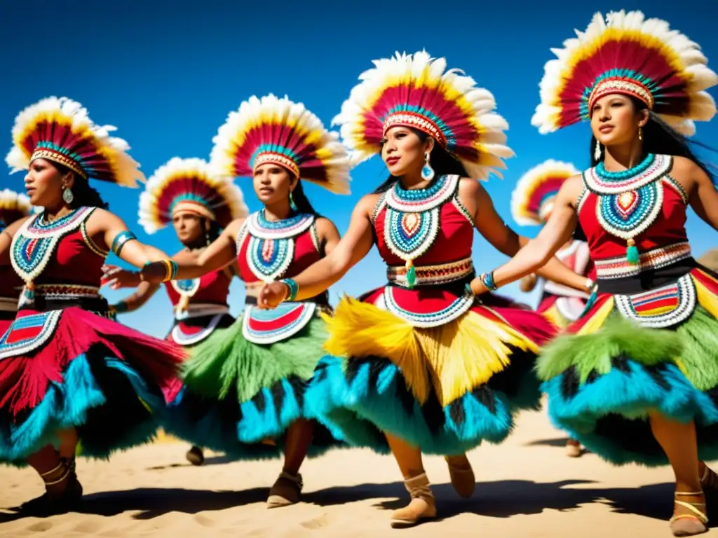 Grupo de bailarines vibrantes con trajes coloridos y plumas, danzando al ritmo de tambores en el paisaje peruano