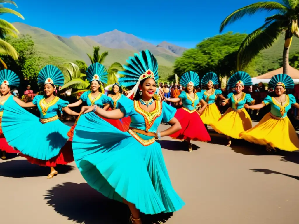 Grupo de bailarines vibrantes en trajes tradicionales durante la Danza del Palo de Mayo afrocaribeña, con atmósfera festiva y comunitaria