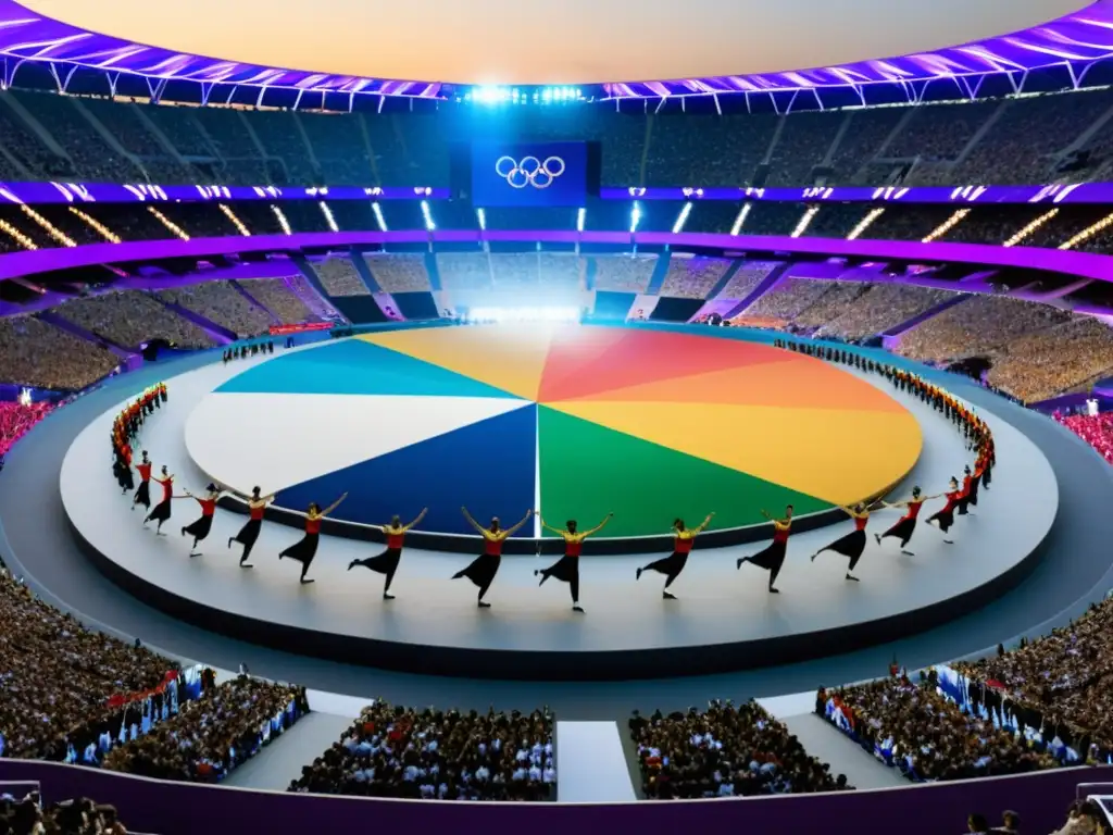 Grupo de bailarines en vibrantes trajes, ejecutando una rutina sincronizada en la ceremonia de apertura olímpica