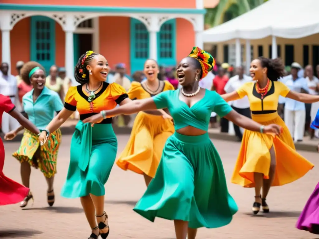 Grupo de bailarines en vibrantes trajes, moviéndose al ritmo de la música africana Caribe, rodeados de espectadores asombrados