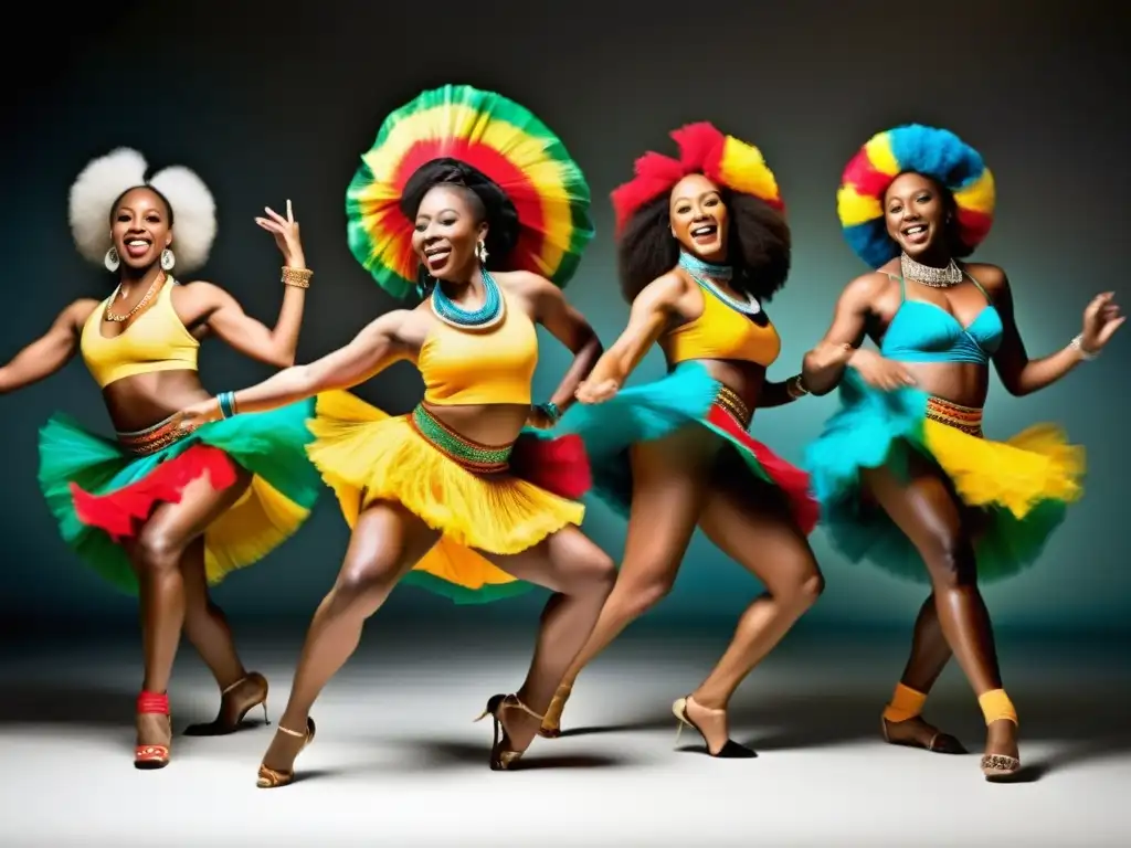 Grupo de bailarines vibrantes en trajes africanos y caribeños, expresando la influencia de la danza africana en el Caribe con pasión y alegría