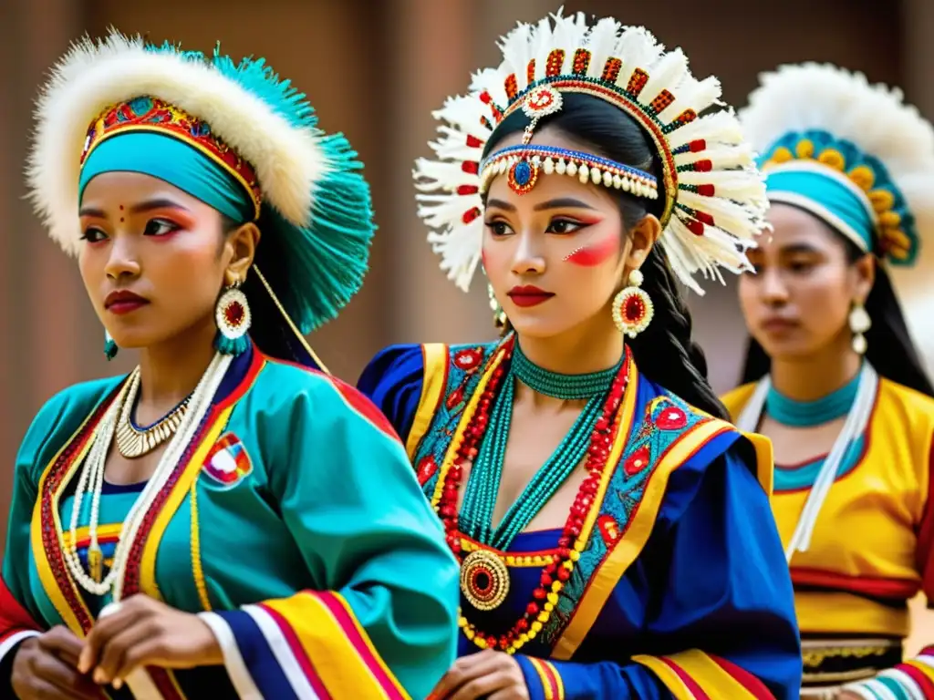 Grupo de bailarines en vibrantes trajes tradicionales de danzas del mundo, capturando la riqueza del vestuario en danza tradicional mundial