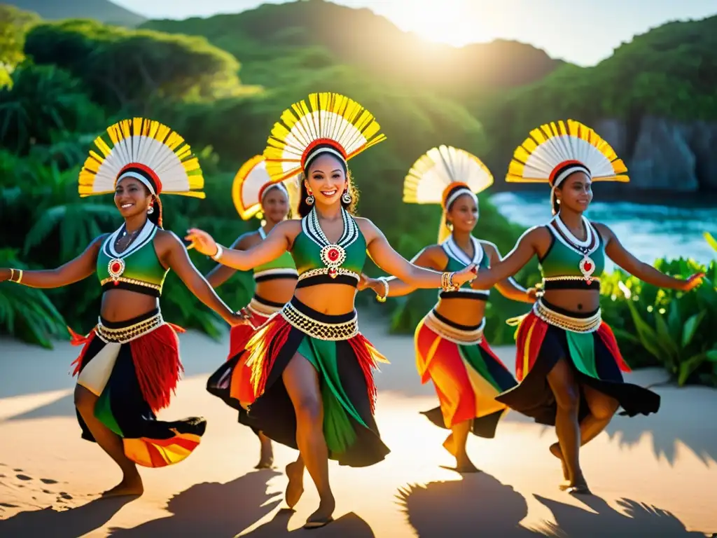 Grupo de bailarines en vibrantes trajes tradicionales ejecutando danza cultural en Oceanía al atardecer