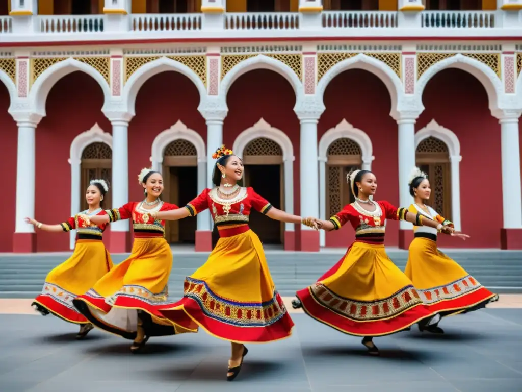 Grupo de bailarines en vibrantes trajes tradicionales, danza sincronizada frente a un centro cultural histórico