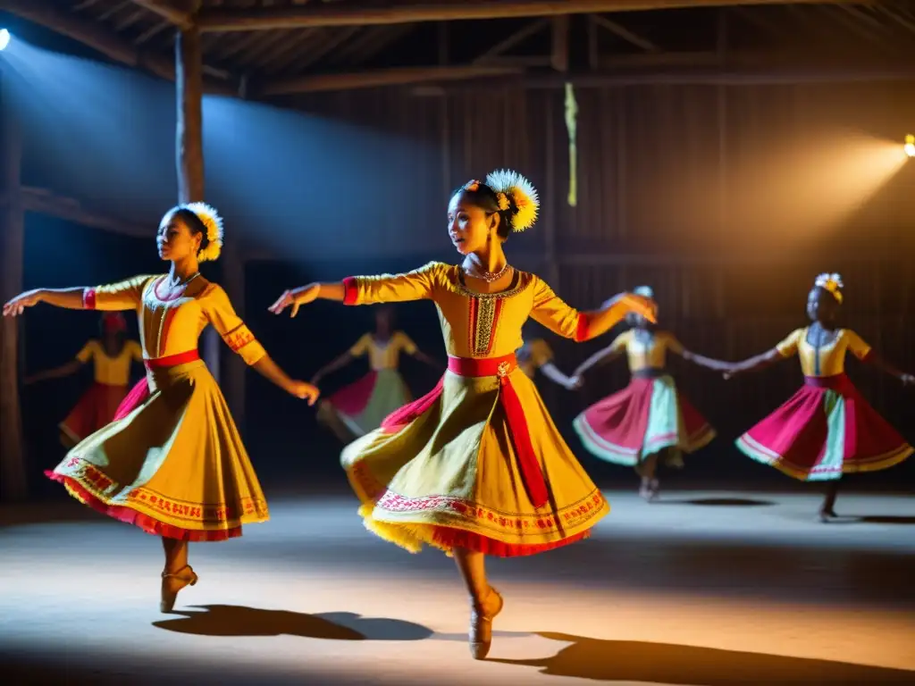 Grupo de bailarines en vibrantes trajes tradicionales, iluminados por cálida luz dorada