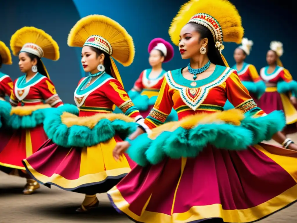 Grupo de bailarines en vibrantes trajes tradicionales mostrando la moda de la danza tradicional con movimientos dinámicos y colores llamativos