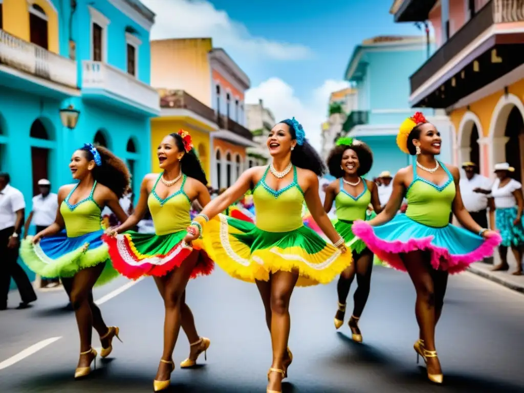 Un grupo de bailarines vibrantes con trajes tradicionales afrocubanos danzando al ritmo de la música cubana, rodeados de espectadores asombrados