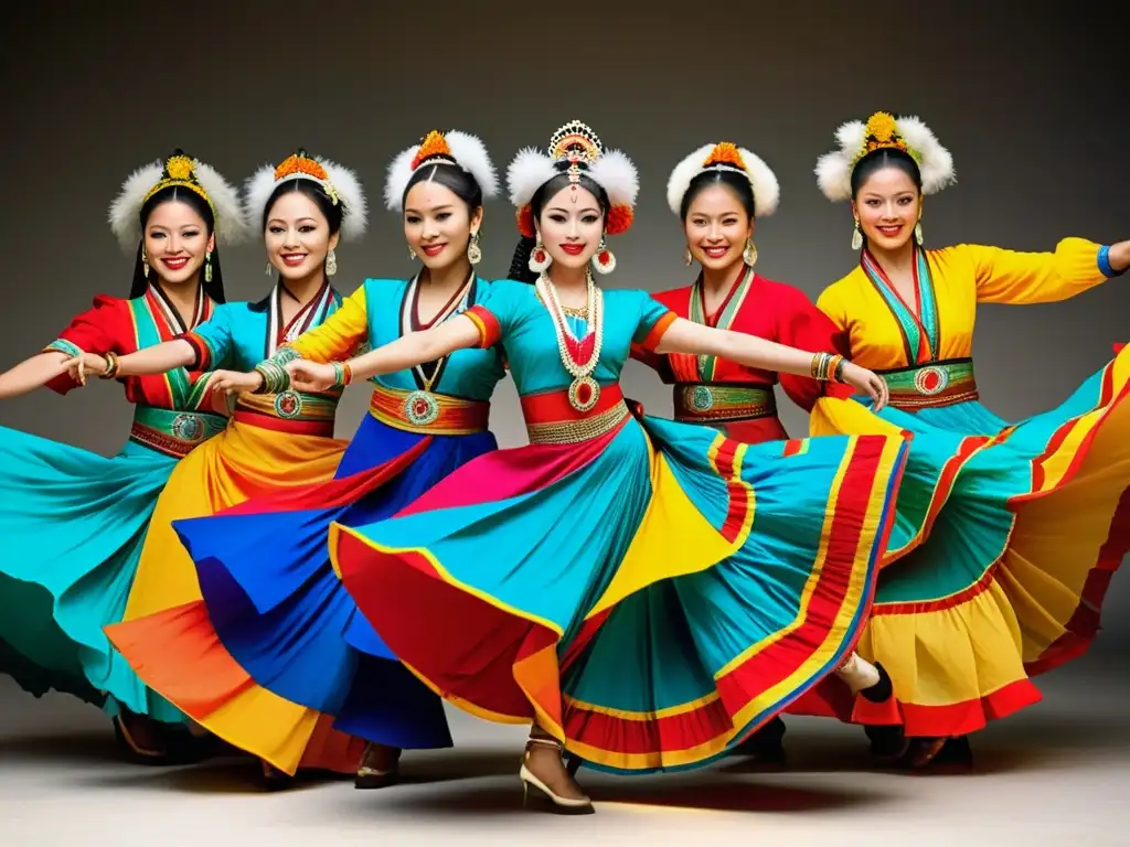 Grupo de bailarines en vibrantes trajes tradicionales, expresando respeto cultural en danzas tradicionales