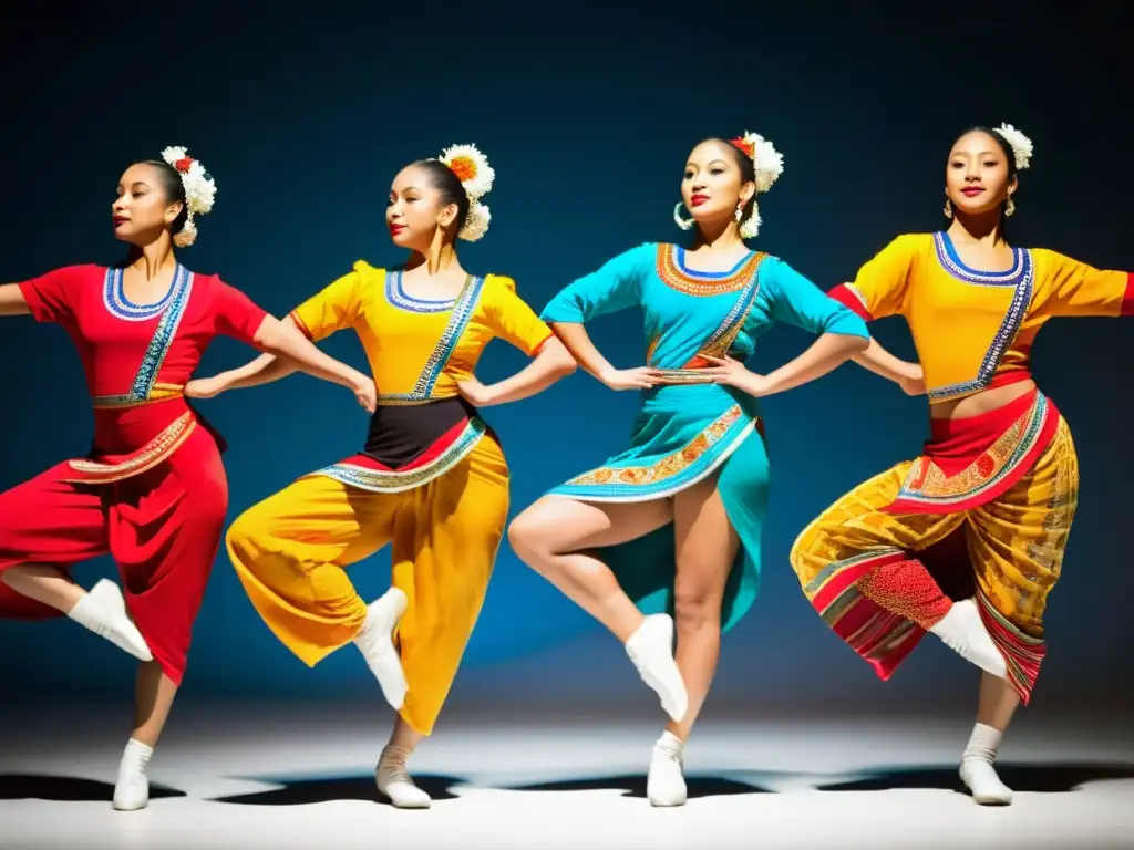 Grupo de bailarines en vibrantes trajes tradicionales, ejecutando rutinas de calentamiento dinámico para bailar