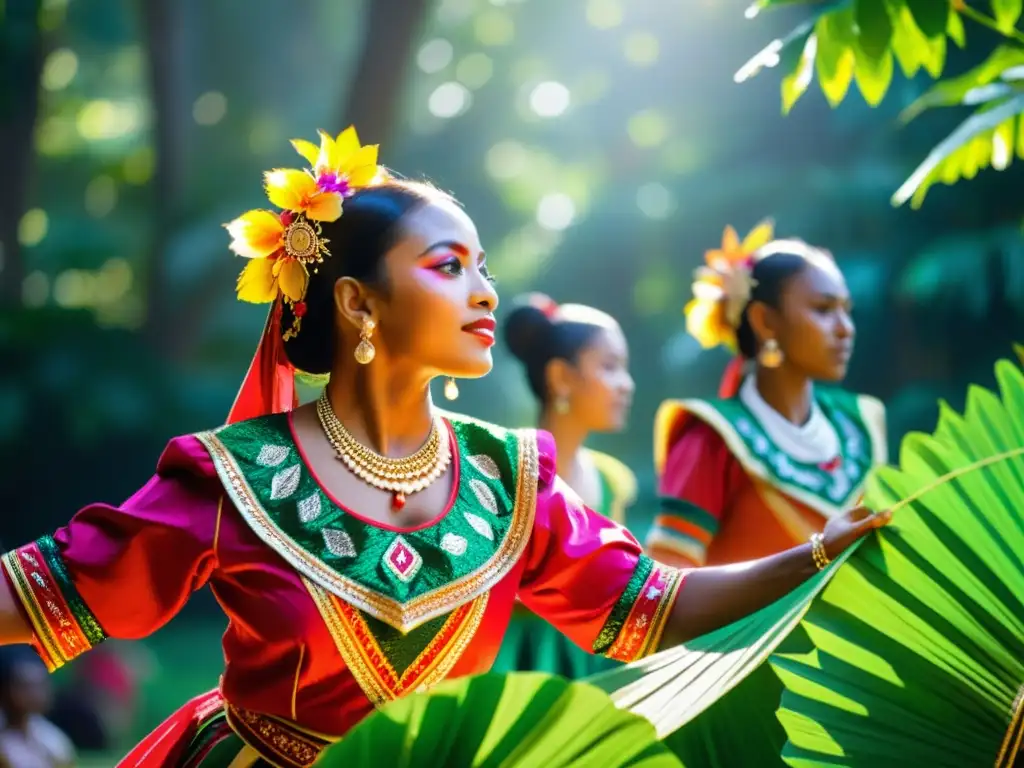 Grupo de bailarines en vibrantes trajes tradicionales danzando con pasión y precisión en un entorno natural exuberante