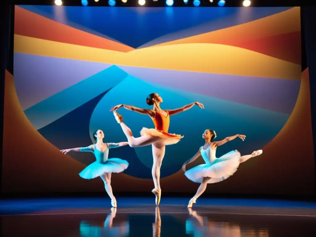 Grupo de bailarines en vibrantes trajes, saltando con energía y gracia en el escenario