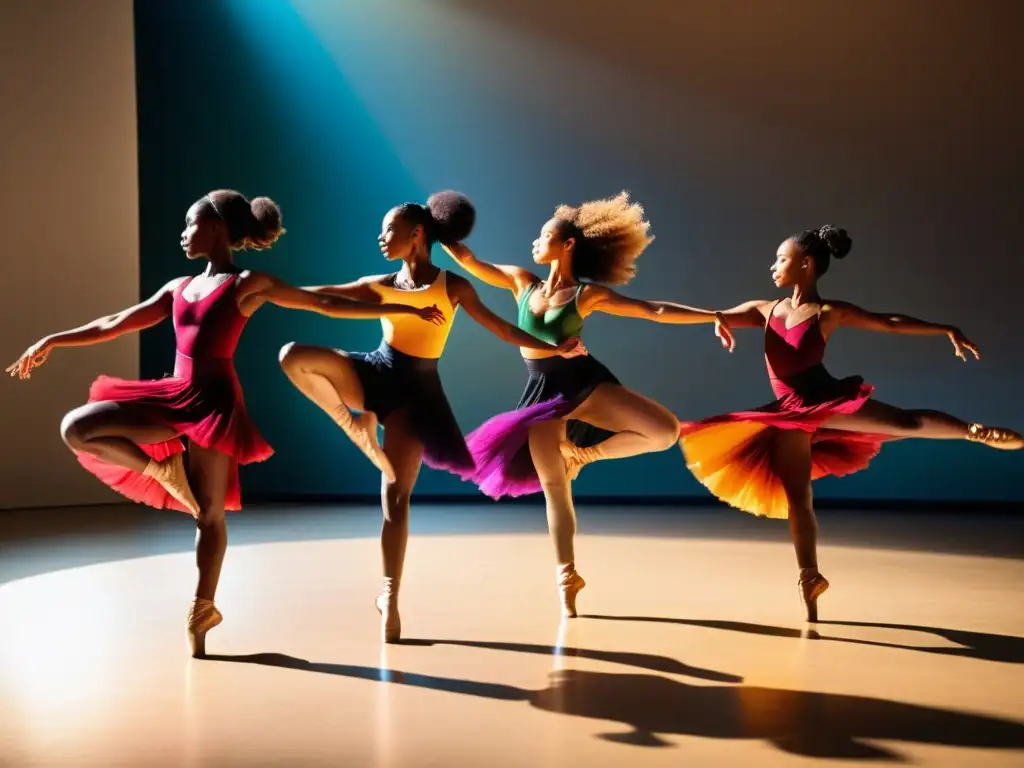 Grupo de bailarines en vibrantes trajes practicando rutinas de entrenamiento para presentaciones escénicas con gracia y dedicación