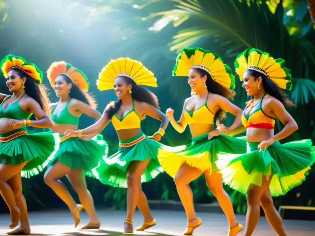 Grupo de bailarines vibrantes en trajes coloridos, danzando al ritmo de la Lambada brasileña entre exuberante vegetación