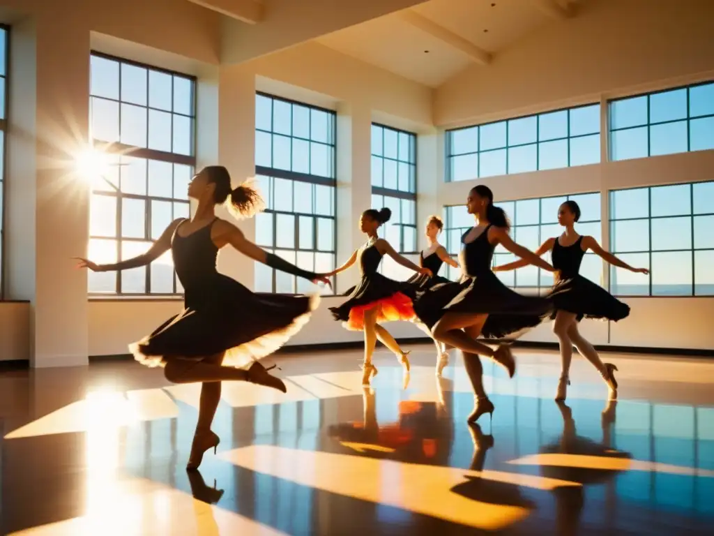 Baile vibrante y pasión en el estudio Un grupo de bailarines en vibrantes trajes danzan con gracia y pasión en un estudio soleado, reflejando la belleza y poder de la danza