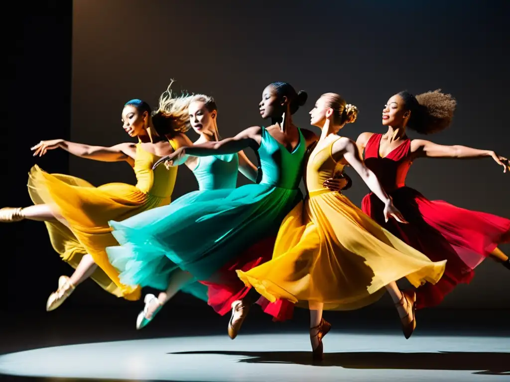 Grupo de bailarines en vibrantes trajes, saltando en perfecta sincronización