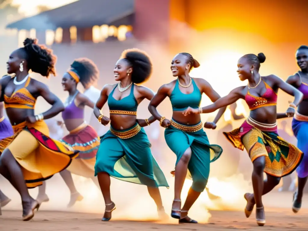 Grupo de bailarines vibrantes en trajes africanos, ejecutando el energético baile Azonto al atardecer, rodeados de una multitud animada