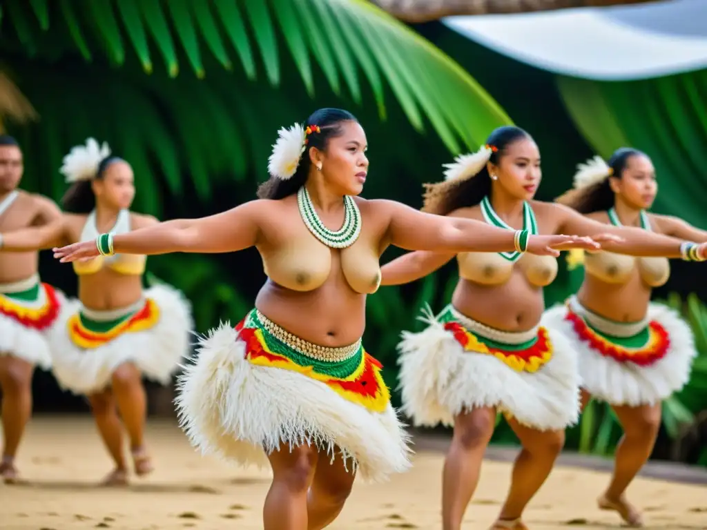 Grupo de bailarines en vibrantes trajes tradicionales de Tonga, danzando con gracia y energía