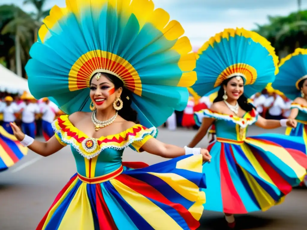 Grupo de bailarines vibrantes en trajes colombianos tradicionales realizando la danza 'El Garabato Colombiano', destacando técnica y tradición