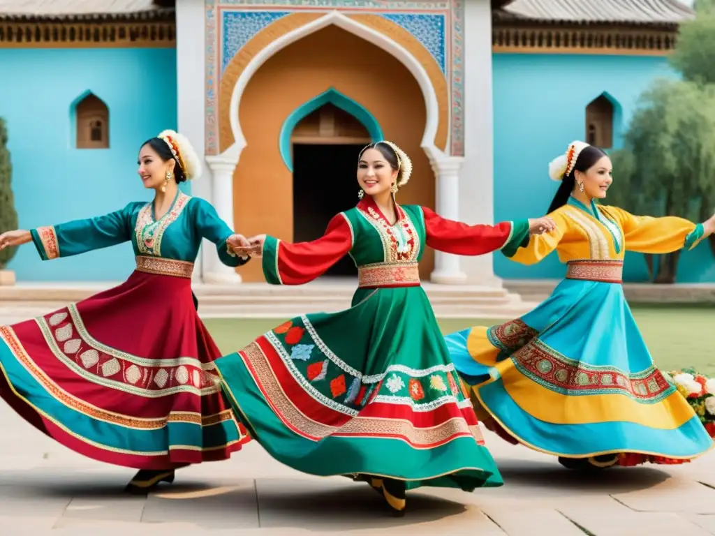 Grupo de bailarines en vibrantes trajes de danza tradicional de Uzbekistán, danzando con gracia al aire libre