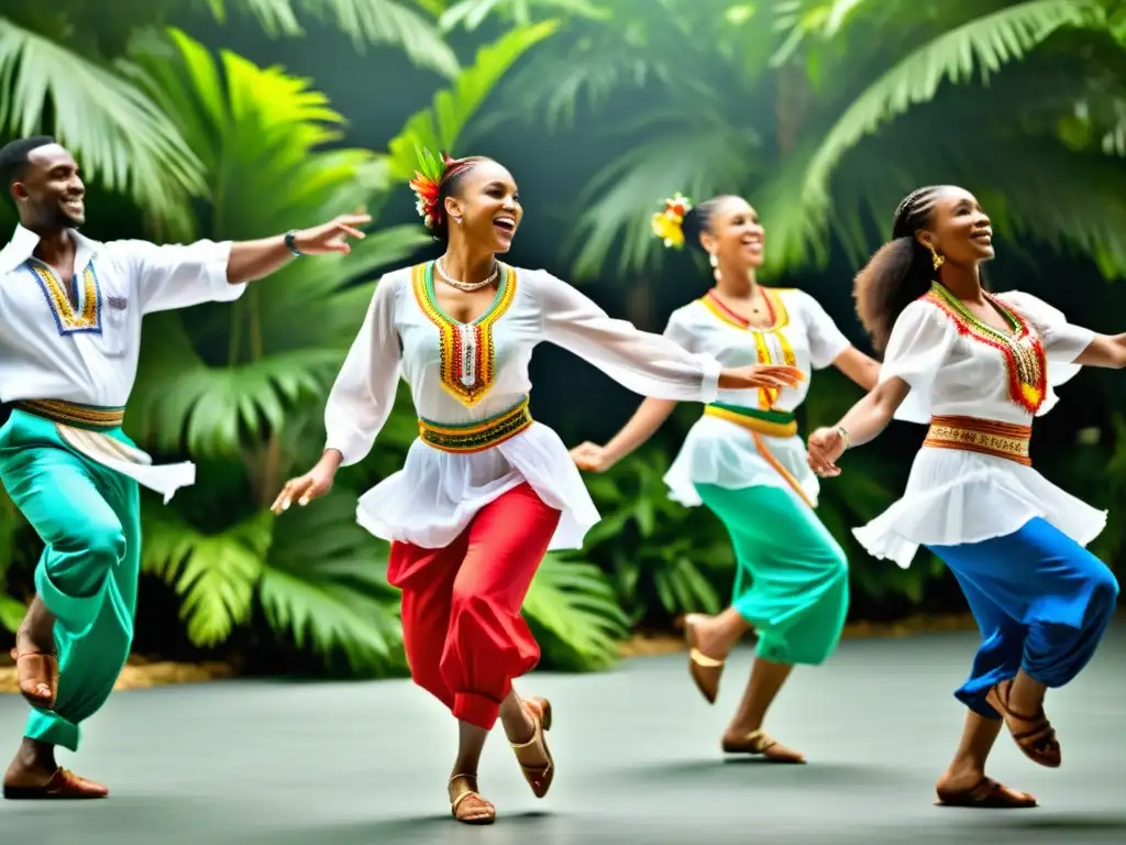 Grupo de bailarines en vibrantes trajes caribeños, expresando la rica herencia cultural a través de la danza y vestimenta tradicional caribeña