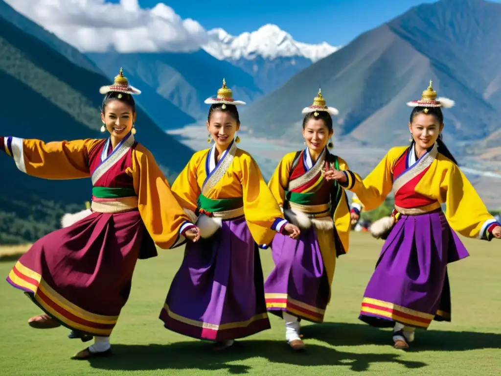 Grupo de bailarines vibrantes en trajes tradicionales de Bhután realizando una danza misteriosa en el Festival de Danzas de Bhután