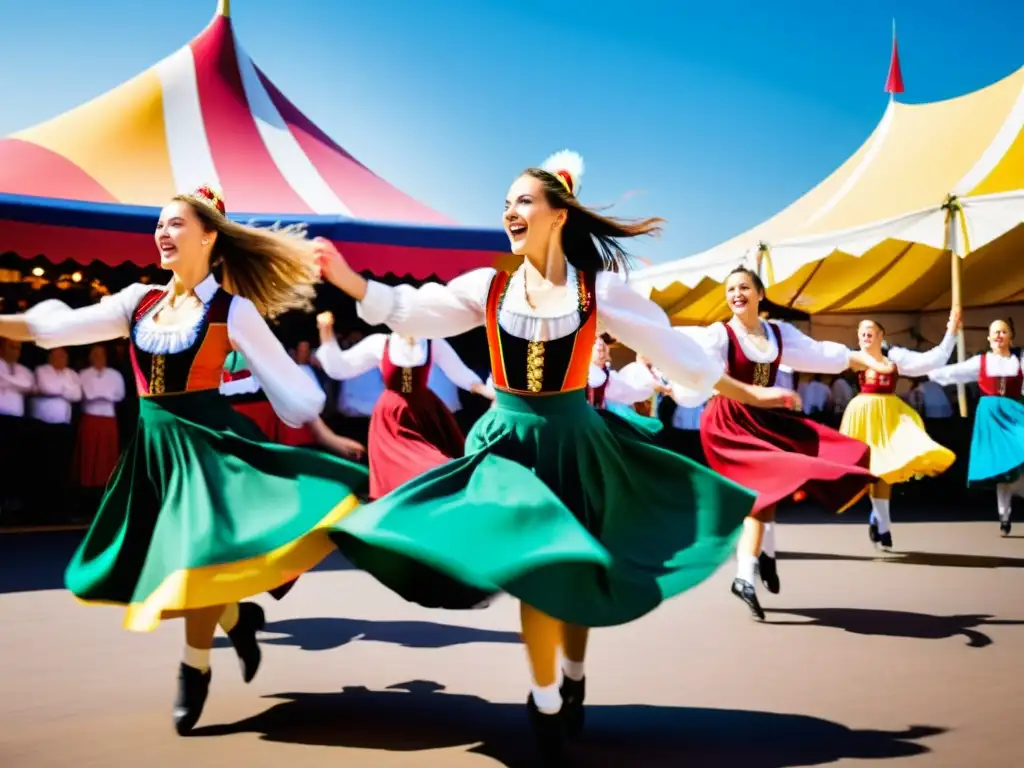 Grupo de bailarines vibrantes en trajes húngaros en el Festival de Danza de Szeged, capturando la energía y la tradición festiva