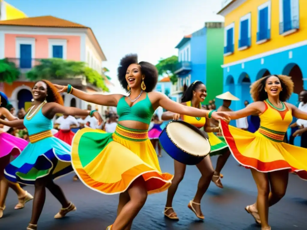 Danza Afrobrasileña en Salvador de Bahía: Vibrante Celebración Cultural Un grupo de bailarines vibrantes en trajes tradicionales Afrobrasileños danzan al ritmo de tambores en Salvador de Bahía
