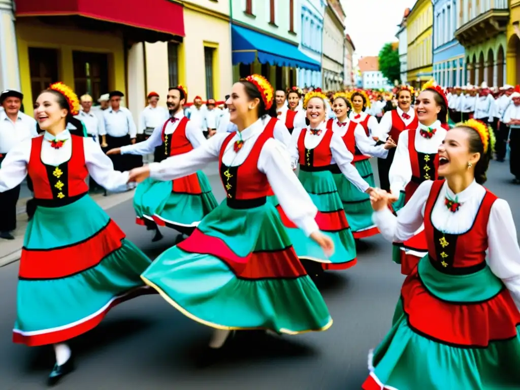 Grupo de bailarines vibrantes en trajes tradicionales en el Festival de Danza de Szeged, transmitiendo pasión y energía cultural