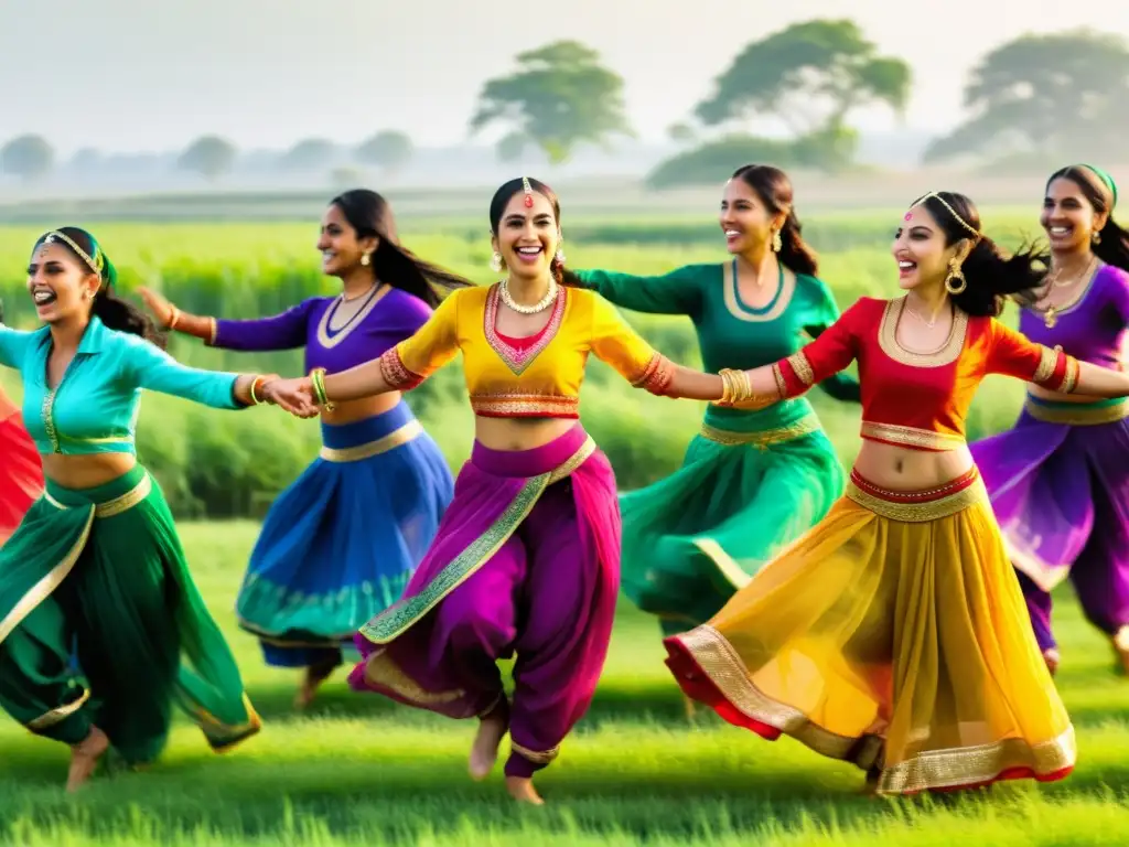 Un grupo de bailarines vibrantes en trajes tradicionales Punjab, bailando Bhangra en un campo soleado entre cultivos exuberantes