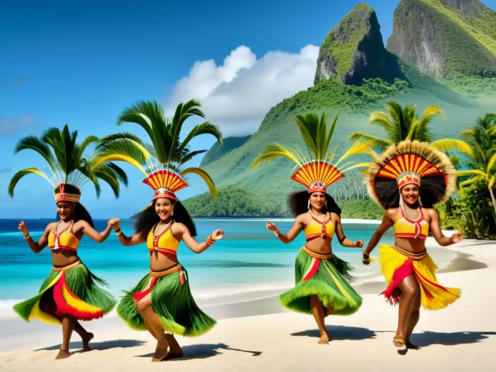 Grupo de bailarines en vibrantes trajes tradicionales ejecutando danza en Oceanía, reflejando el significado cultural de la danza en Oceanía